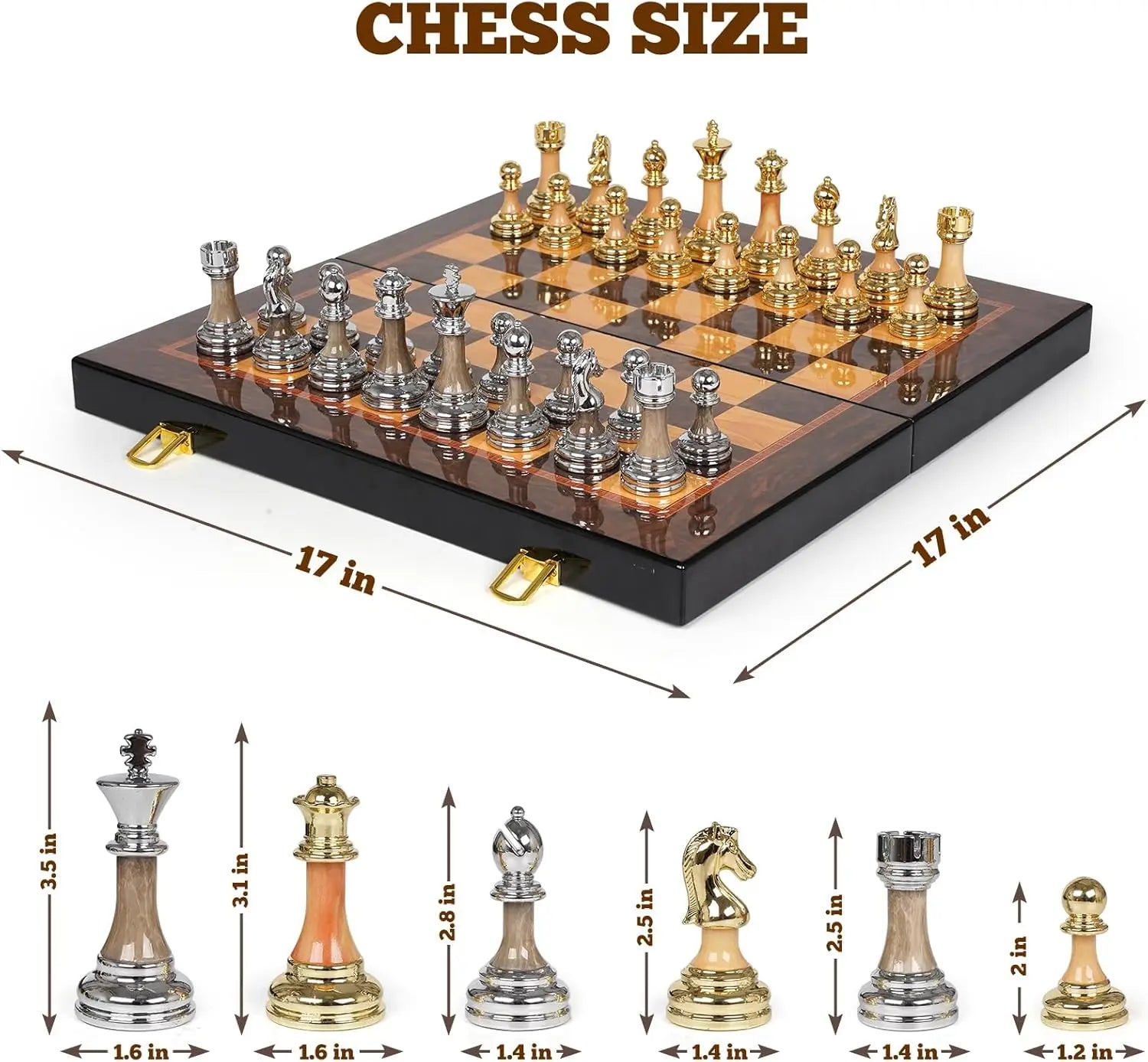 Luxury Metal & Acrylic Chess Set with Wooden Board, 17' Weighted Pieces, 3.5' King, Foldable Tournament Chess Set for Adults Kid