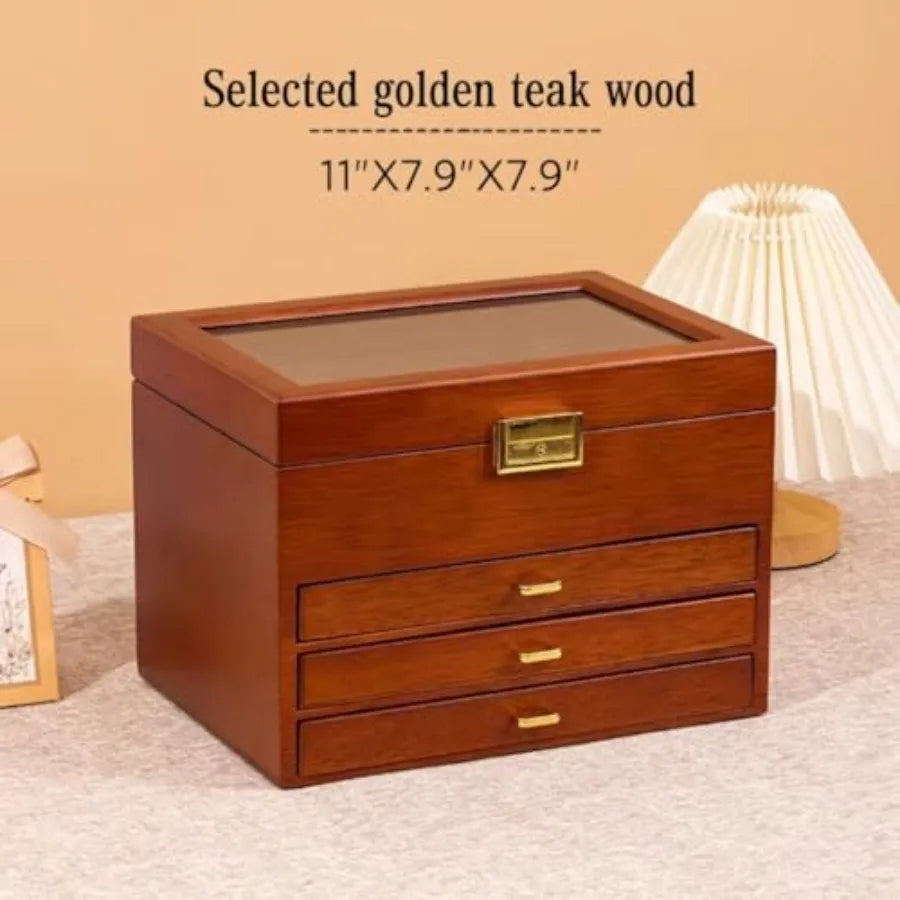 5 Layer Solid Wooden Jewelry Box with Lock and Key for Women Men Vintage Velvet Wood Jewelry Organizer Storage for Earrings Rin