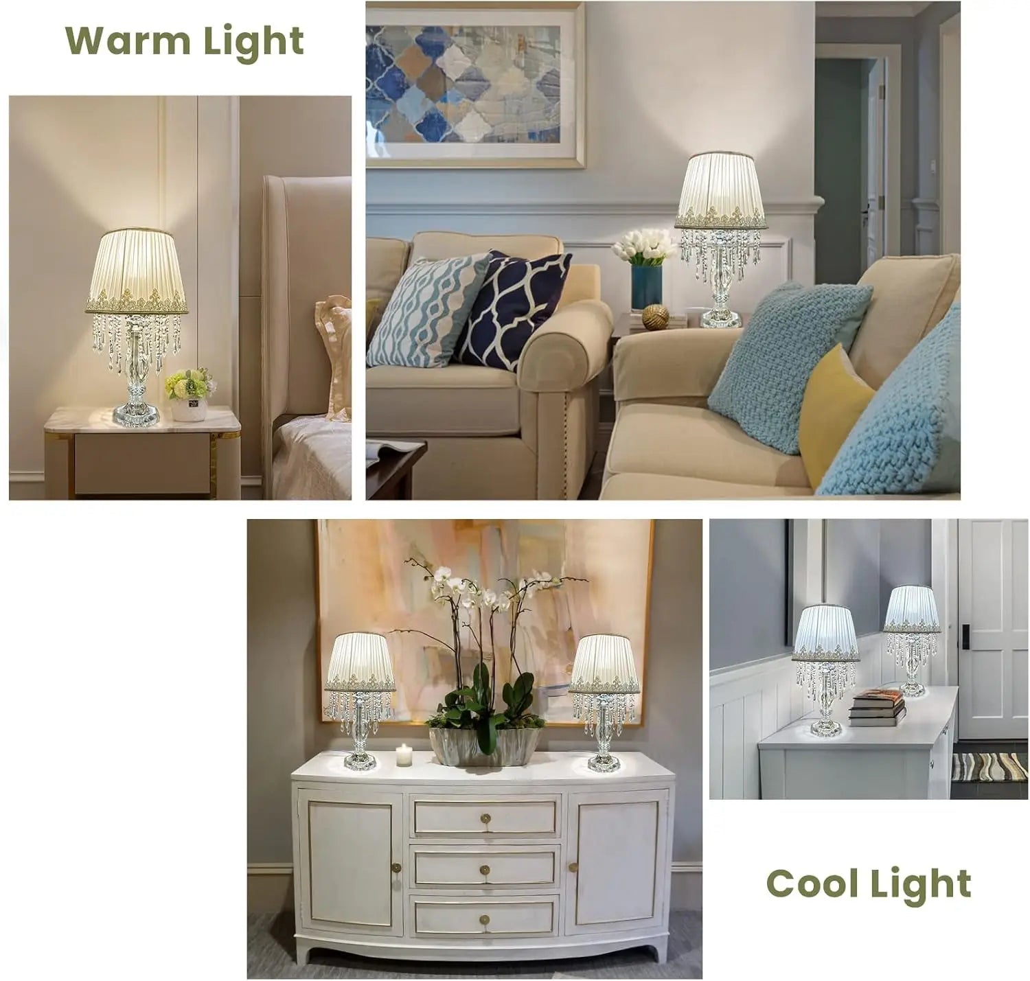 Dimmable Crystal Table Lamp Set of 2 with Fabric Shades, Farmhouse Nightstand Lamps for Living Room Bedroom
