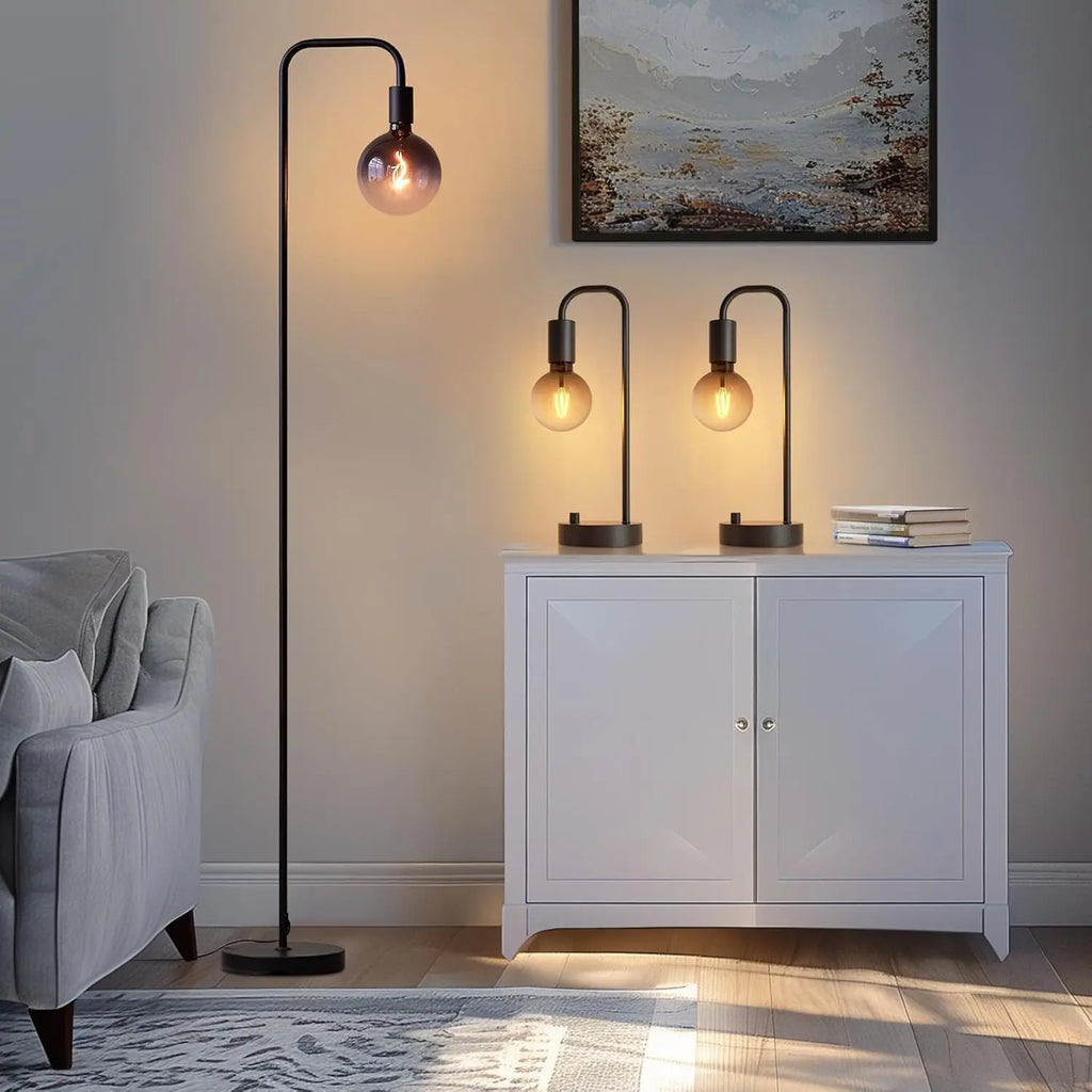 3-Piece Industrial Lamp Set with Dimmable Table Lamps and Floor Lamp, Includes Gradient Bulbs for Living Room and Bedroom