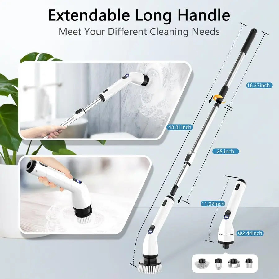 Electric Spin Scrubber, FullBody IPX7 Waterproof Bathroom Scrubber with Power LCD Display, Adjustable Extension Handle, Cordless