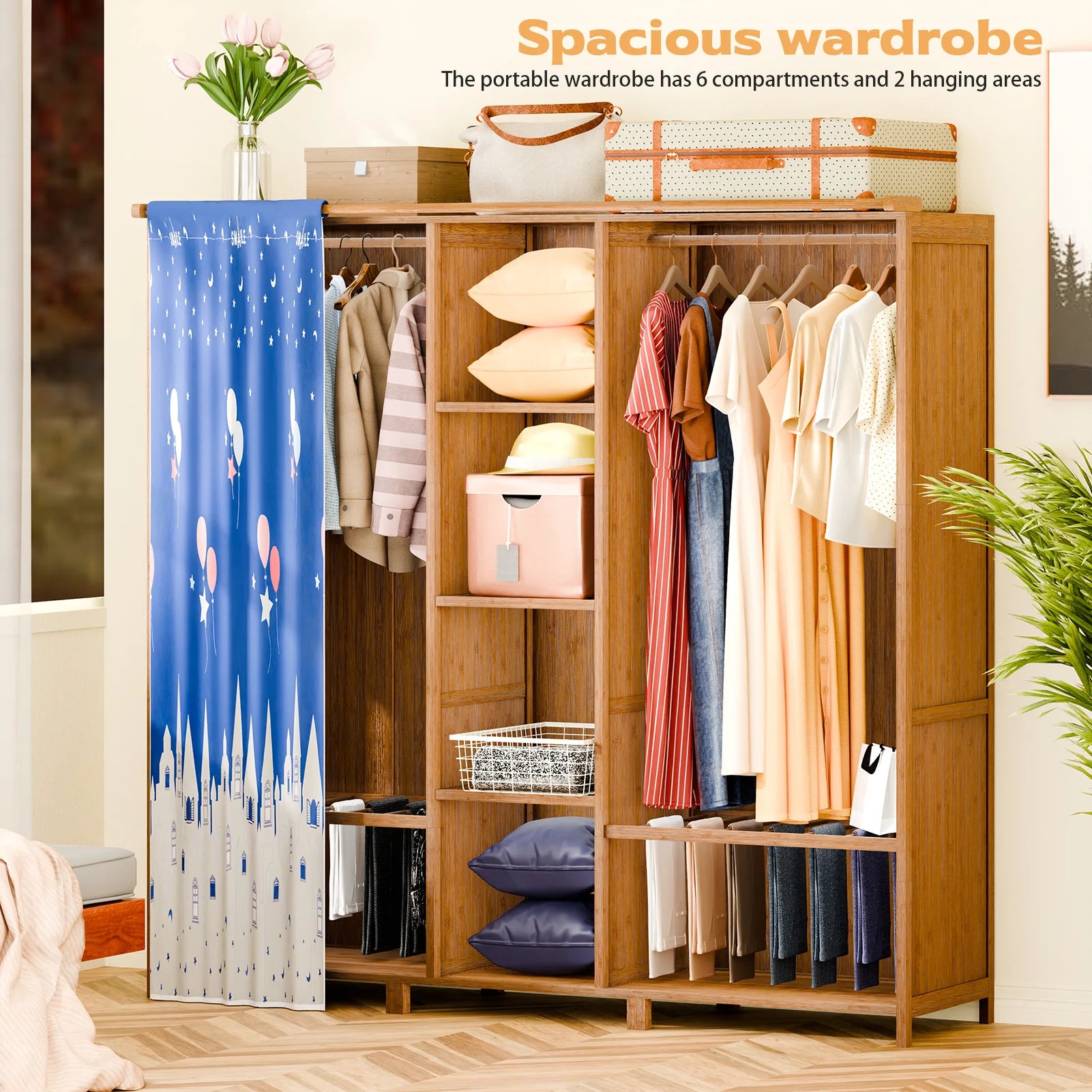 Freestanding Closet Organizer, Heavy Duty Garment Rack with 2 Hanging Rods, 6 Opening Shelves and Blue Curtain, Wardrobe Closet