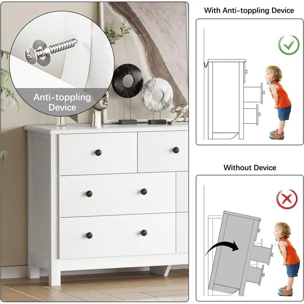 White Wooden Dresser with Metal Handles and Wide Drawers for Bedroom, Living Room, or Hallway Storage