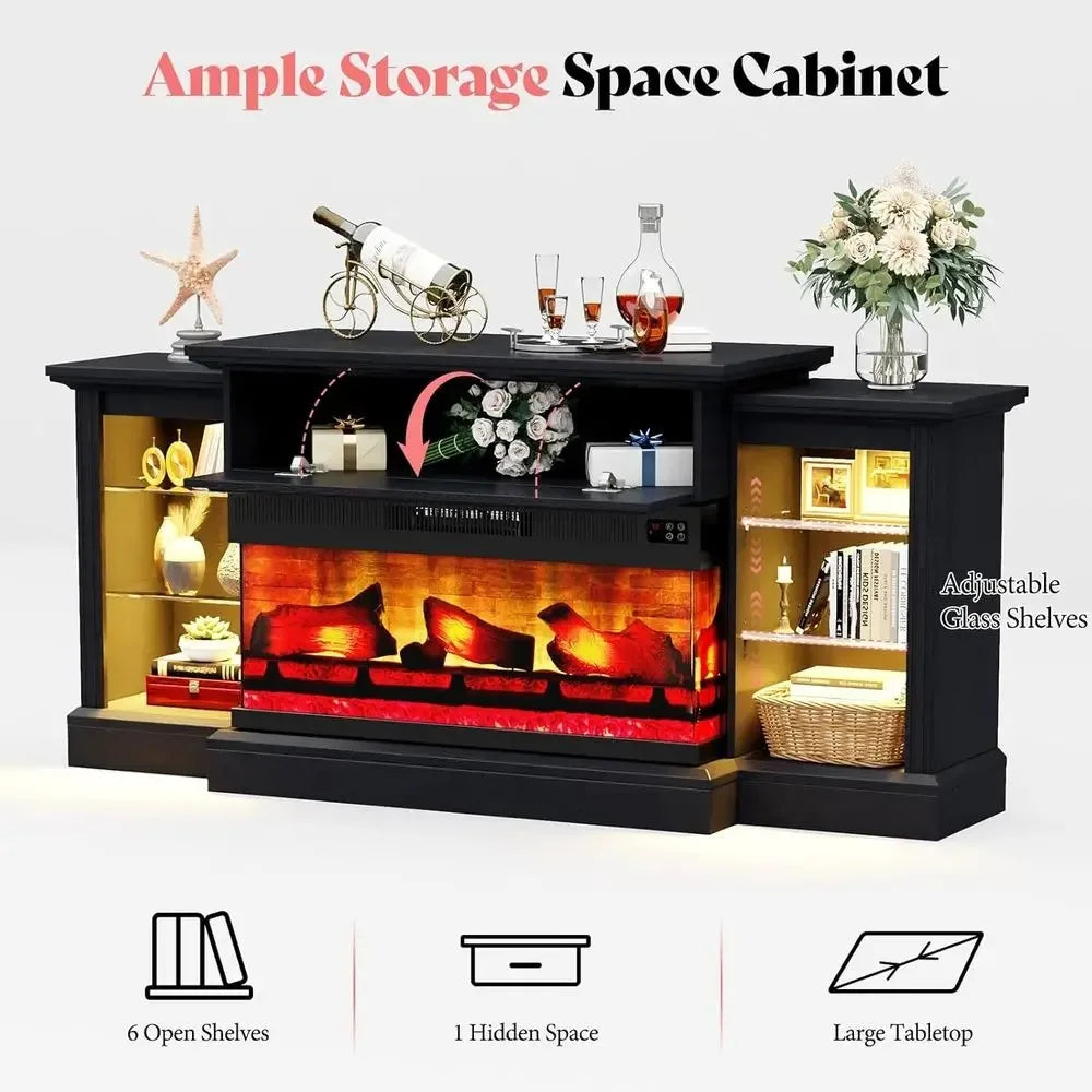 3-Sided  Electric Fireplace TV Stand, 70 Farmhouse Style, Fits TVs up to 75, Mantel, Adjustable Shelves, LED Lights，Customized