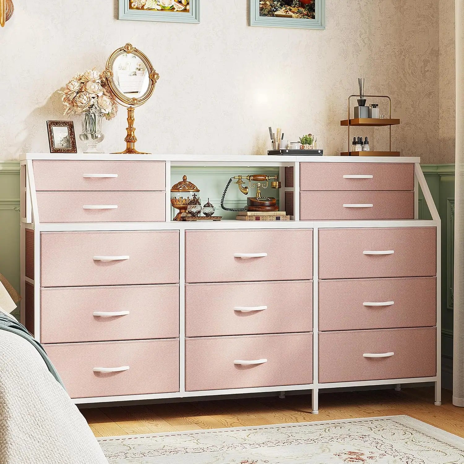 55" W White Dresser for Bedroom, Dressers & Chests of Drawers with 13 Fabric Drawers and 2 Open Shelves, White Dresser