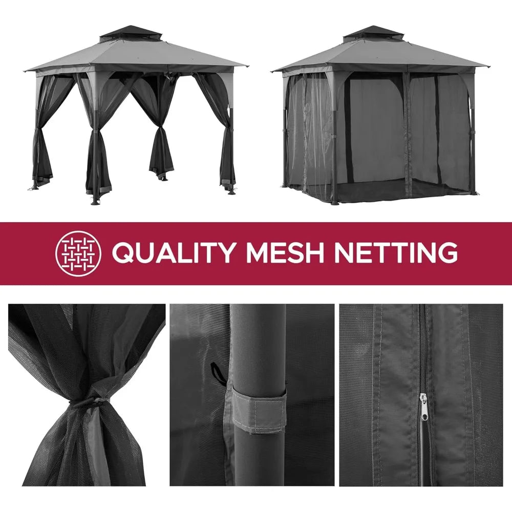 9 ft. x 9 ft. Gazebo with 2-Tier Canopy Roof, Steel Frame Soft top Gazebo with Ceiling Hook and Mosquito Netting, Grey