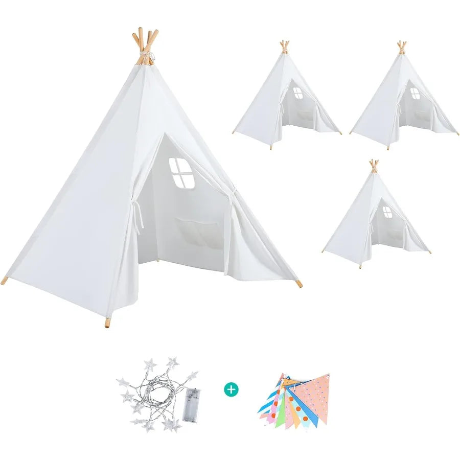 Wilwolfer 4 Pack Teepee Tent for Slumber Party with Lights Indoor Sleepover Play Tents for Girls Foldable Toddler Playhouse Whi