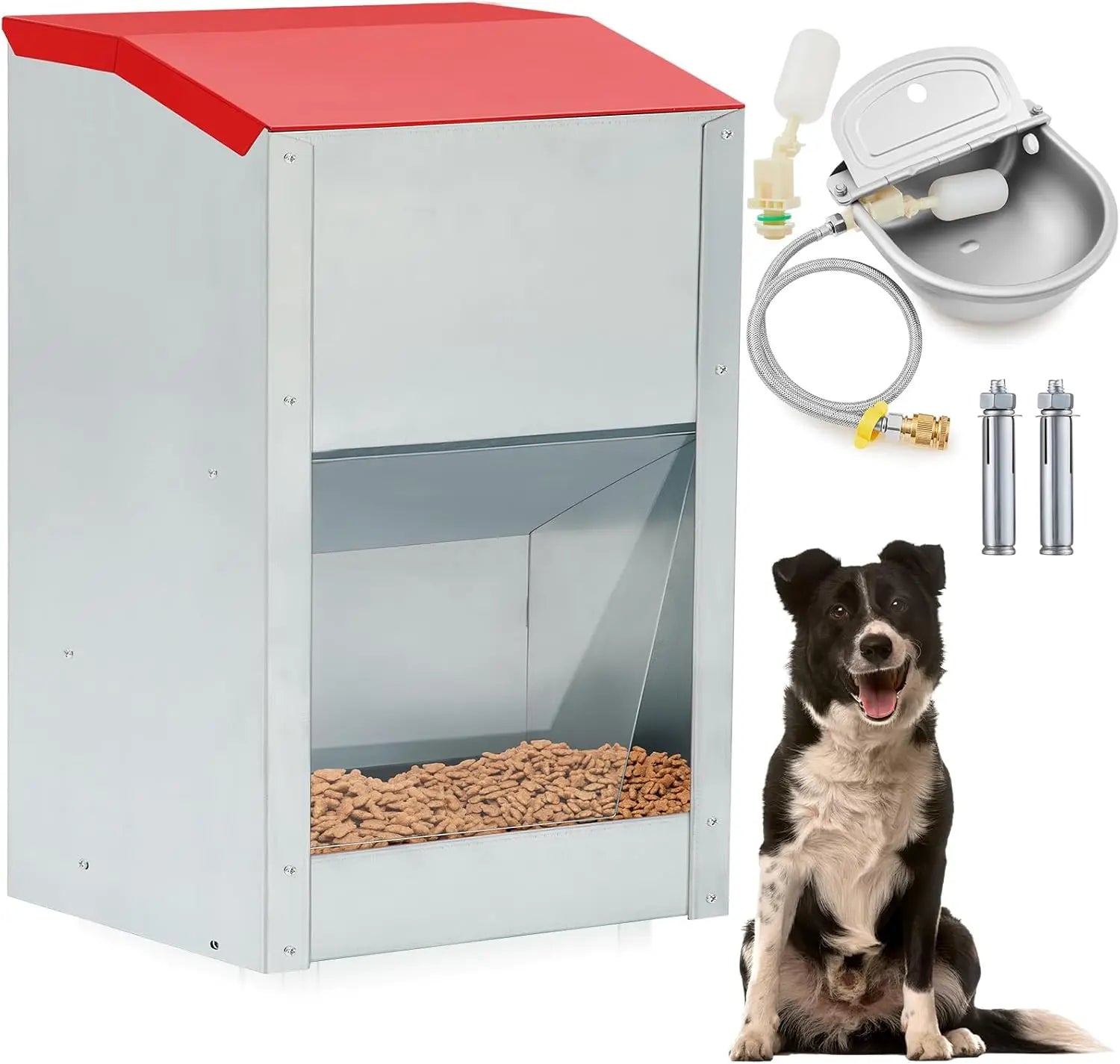 Automatic Dog Feeder and Water Dispenser for Large Dogs, No Installation Galvanized Gravity Feeder with 304 Stainless Steel