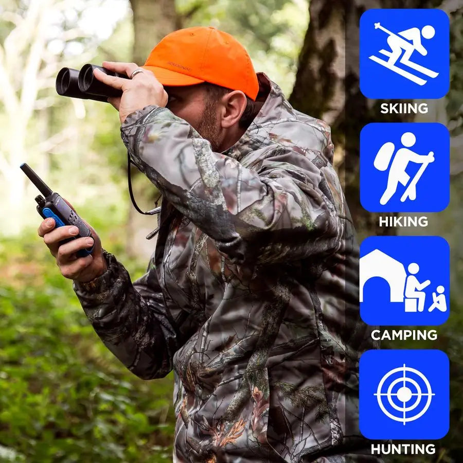 Portable FRS, T802, Talkabout, TwoWay Radios Waterproof IP54 Walkie Talkie Emergency Preparedness, Rechargable, 22 Channel, 35 M