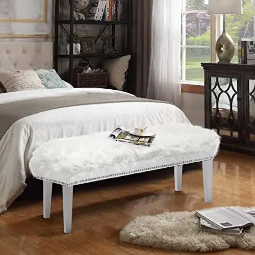 White Faux Fur Ottoman Bench with Wood Legs, Modern Entryway Bedroom Stool