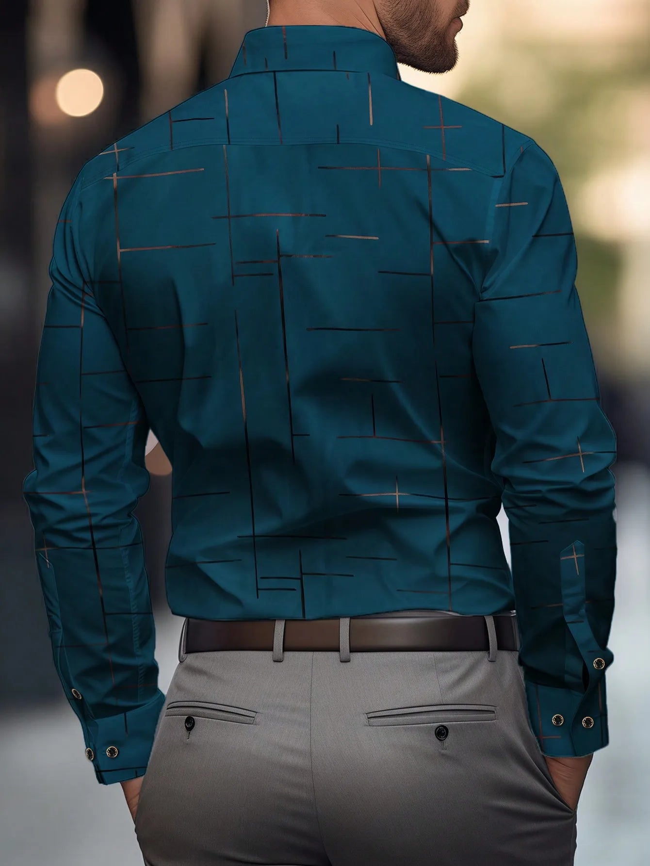 Teal Geometric Print Long Sleeve Casual Shirt for Men, Fall Wear