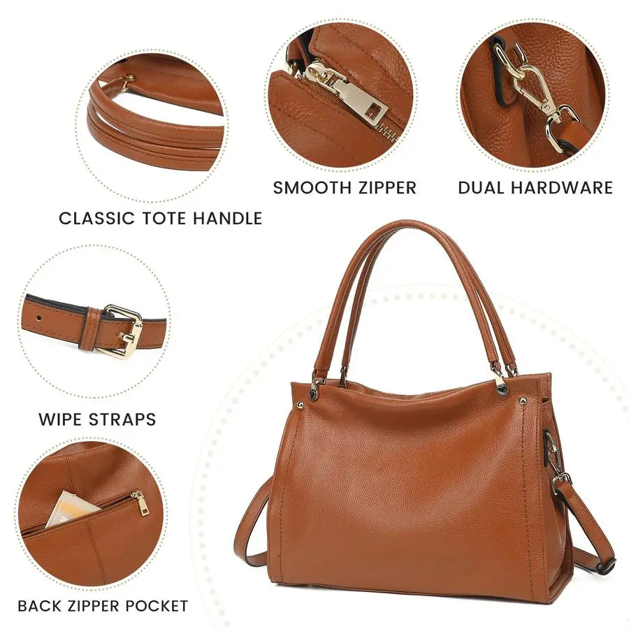 Genuine Leather Purses with Detachable Satchel Strap, Ladies Tote Bag Handbags TopHandle Shoulder Hobo Bags