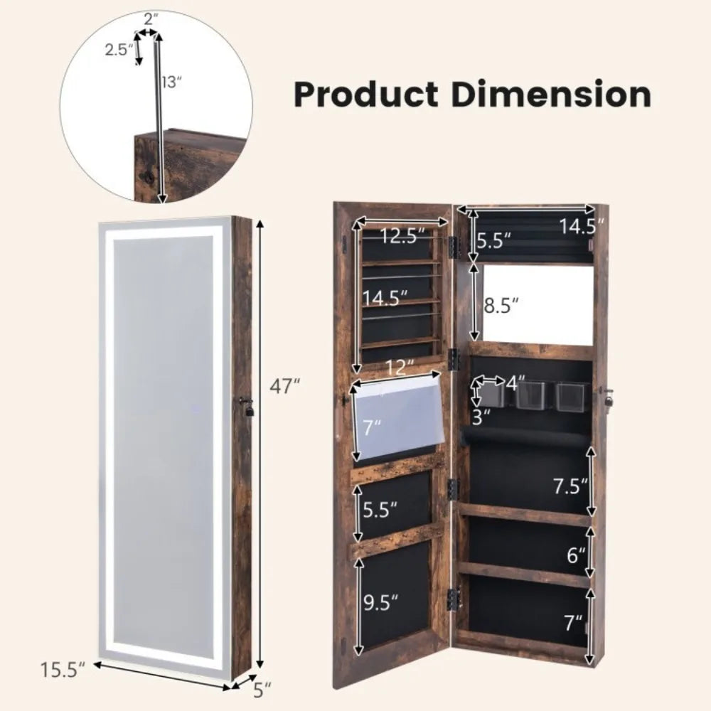 Jewelry Armoire Cabinet Organizer w/Full Length Mirror & 2 Internal LED Lights