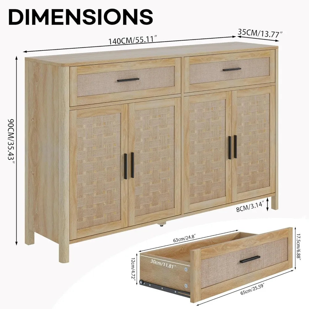 Sideboard with Storage, 55" Large Buffet Cabinet, Wood Coffee Bar, Storage for Kitchen, Dining, Living Room, Natural,Customized