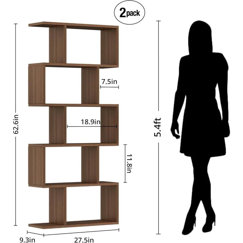 5-Tier Geometric Bookcase, S-Shaped Modern Bookshelf Set of 2, 62.6 Tall Room Divider Book Shelf, Decorative Display Shelf