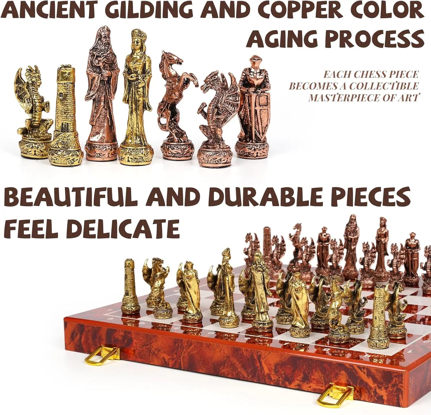 Vintage Metal Chess Set 15'' Wooden Board - Travel Friendly Collectible Game for Adults & Kids