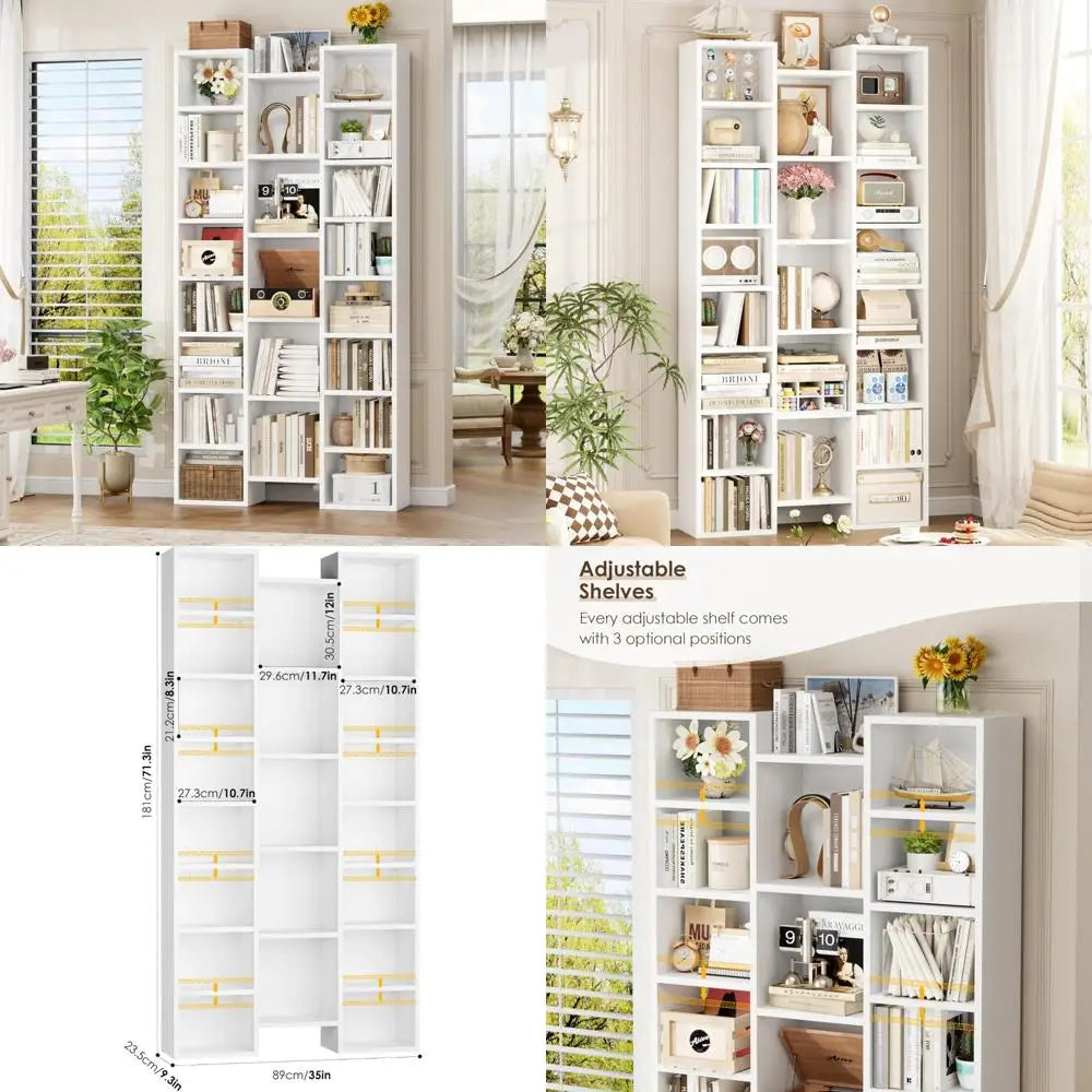 Triple Wide White Bookshelf with 8 Adjustable Shelves, Media CD DVD Storage Tower, Display Cabinet for Home Office