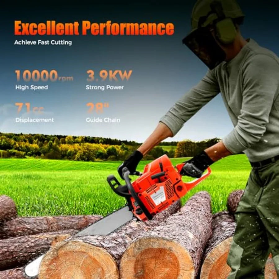 28Inch 71CC Gas Chainsaw 2-Stroke Cordless Hand Pull Start Single Cylinder Gasoline Powered Chainsaw for Forest Wood Garden and