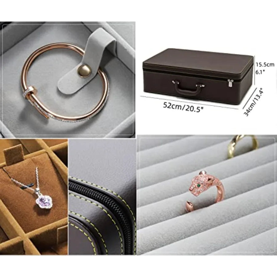 Jewelry Trays stacks Carriable with Handle Zipper Box Organizer Faux-Leather Accessory Case Storage L6 Layers