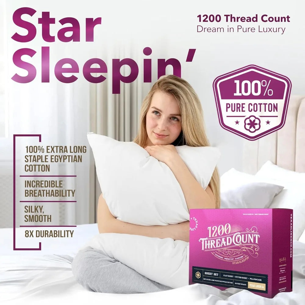 TEXAS LINEN CO. 100% Egyptian Cotton Sheets King Size Set - 1200 Thread Count Egyptian Cotton Luxury Sheets King Size, 17 Deep P