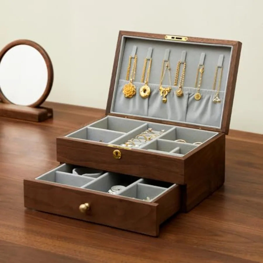 Jewelry Box Organizer for Women and Men Wooden Jewelry Box with Velvet Lining Black Walnut Double Layer Earring Ring Necklace O