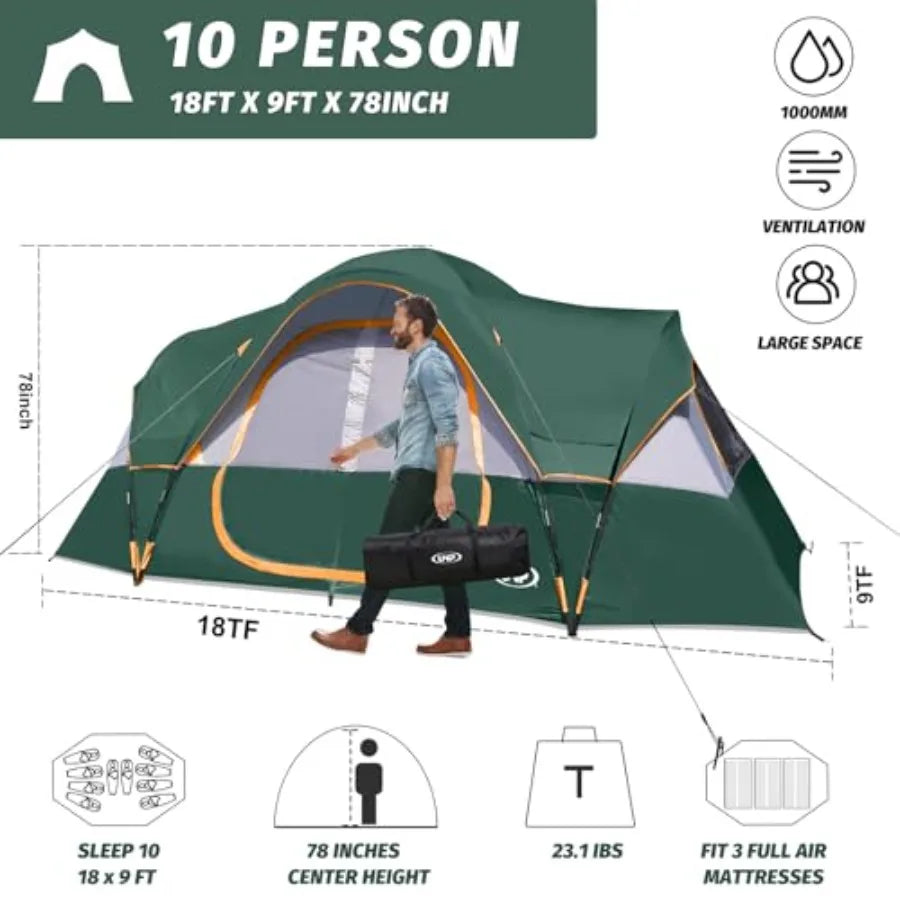 Camping Tent 10-Person-Family Tents Parties Music l Tent Big Easy Up 5 Large Mesh Windows Double Layer 2 Room Waterproof Weathe