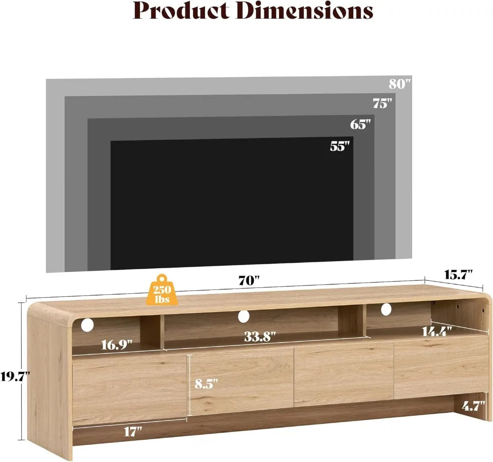 70" Modern TV Stand for 80" TVs, Curved Wood Console with Storage Cabinets, Media Entertainment Center for Living Room