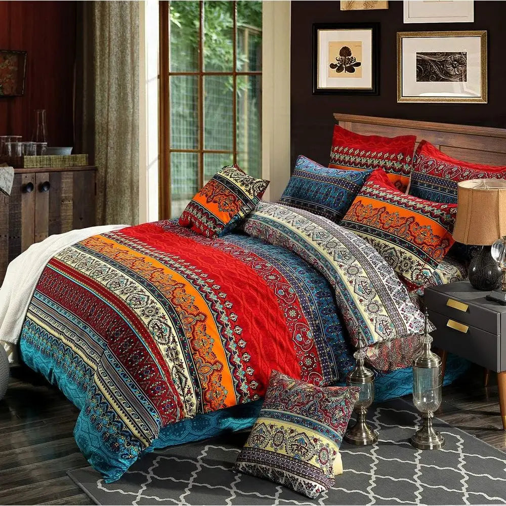 Full Size Bohemian Striped Duvet Cover Set, Brushed Cotton Boho Bedding, No Comforter Included, Fitted Sheet Included