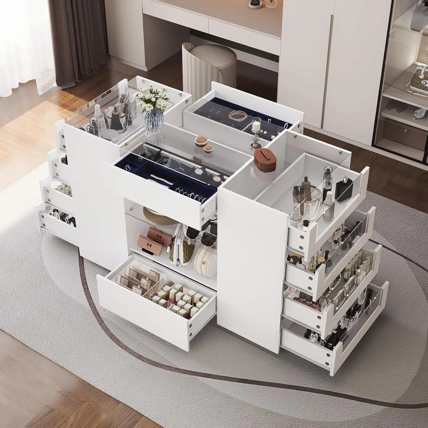 Closet Island with Drawers, White Wardrobe Armoire, 12 Drawers, Glass Top