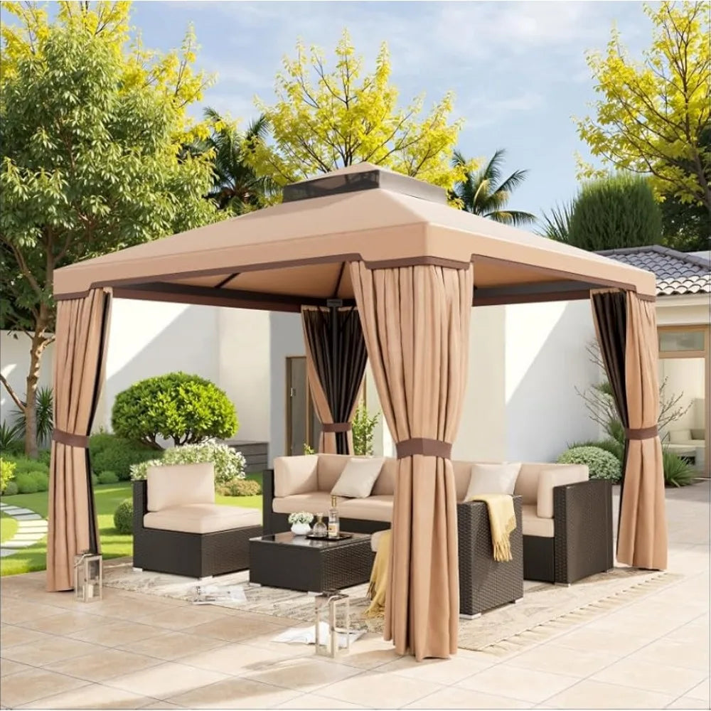Outdoor 10x10 Garden Gazebo, Steel Vented Double Roof Patios Canopy, Outside Gazebo with Mosquito Netting for Backyard, Lawns,