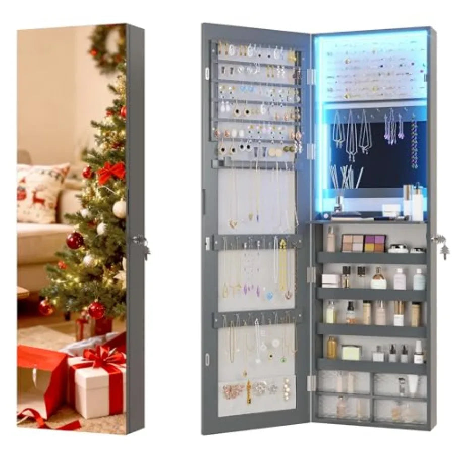 47.2" LED Grey Jewelry Mirror Cabinet Wall/Door Mounted Jewelry Armoire Organizer with Full-Length Mirror Large Capacity Storag