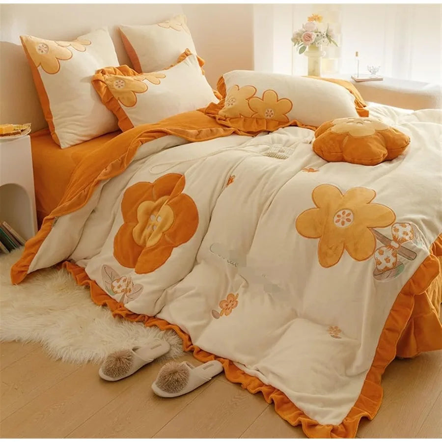 Winter Warm Four-Piece Velvet Bed Set Double Sided Quilt Cover Thick Sheet Pillowcase Linen for 1.5/1.8m Bed in Green and Orang