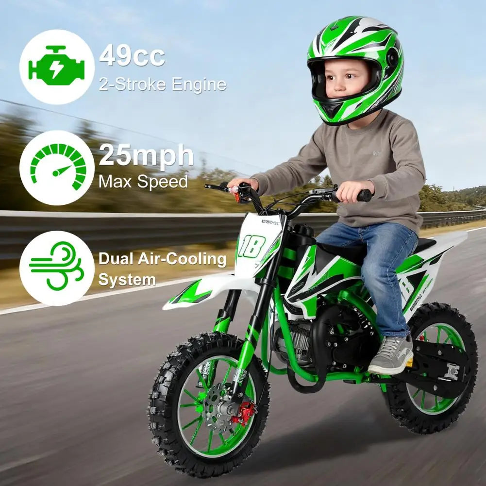 49cc 2-Stroke Kids Dirt Bike,Off Road Mini Motorcycle,Gas Power Motocross,Pocket Motorbike with Front Rear Disc Brakes (Green)