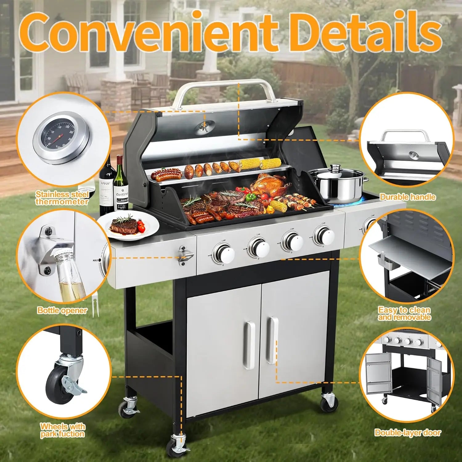 4 Burner Propane Gas BBQ Grill with Side Burner - 46890 BTU Output Stainless Steel Grill with Enameled Cast Iron Cooking Grid Si