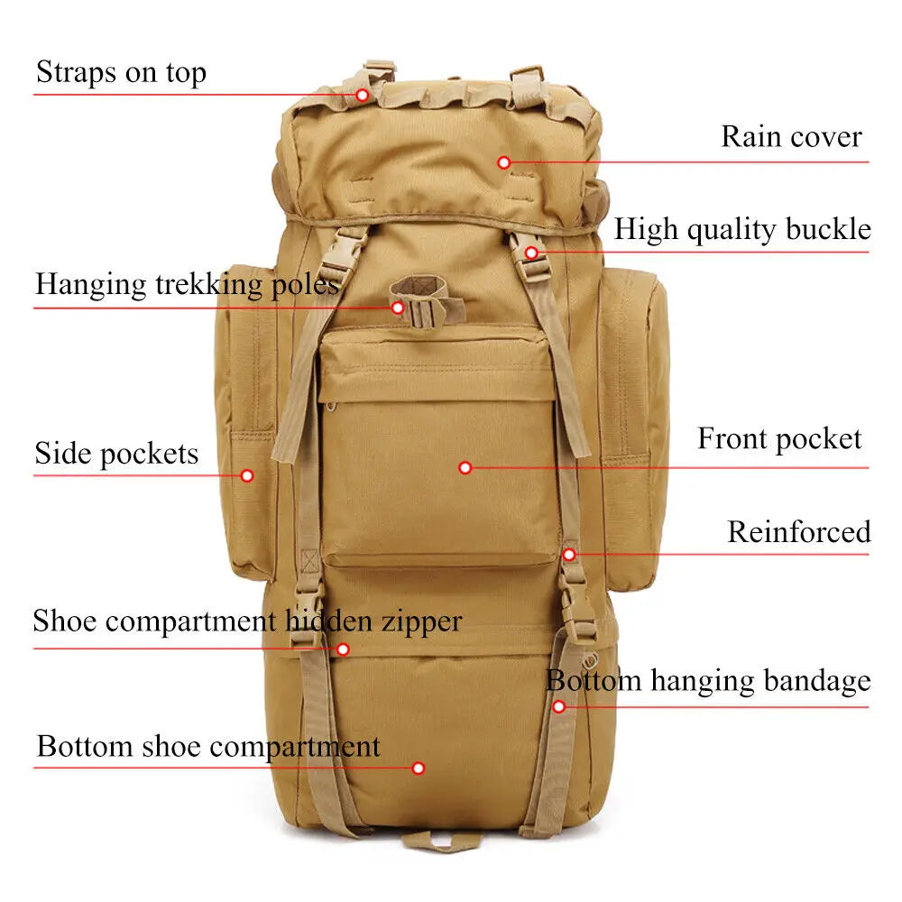 65L Tactical Backpack Rucksack Camping Traveling Climbing Bag for Outdoor Sport Waterproof Nylon Backpacks Hunting Bags