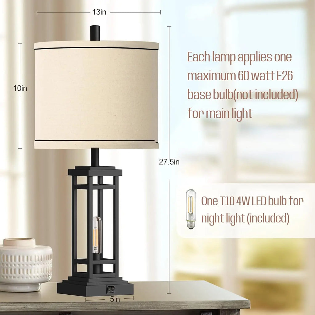 27.5" Tall Farmhouse Table Lamps Set of 2 with USB C/A Charge Ports, Rustic Industrial Black for Bedroom Living Room