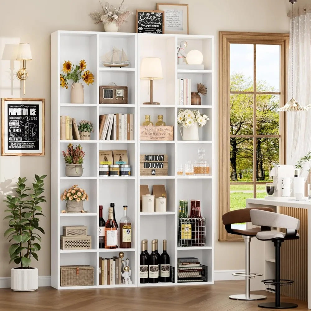 FOTOSOK 71'' White Bookshelf, Double Wide Media Tower Rack CD DVD Rack Display Cabinet with Adjustable Shelves, Tall Narrow Book