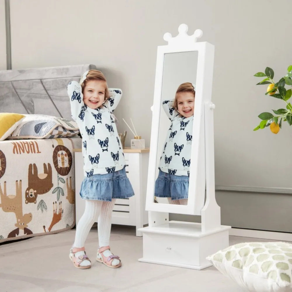 2-in-1 Kids Jewelry Armoire Full-Length Mirror Jewelry Organizer Girl W/ Drawers