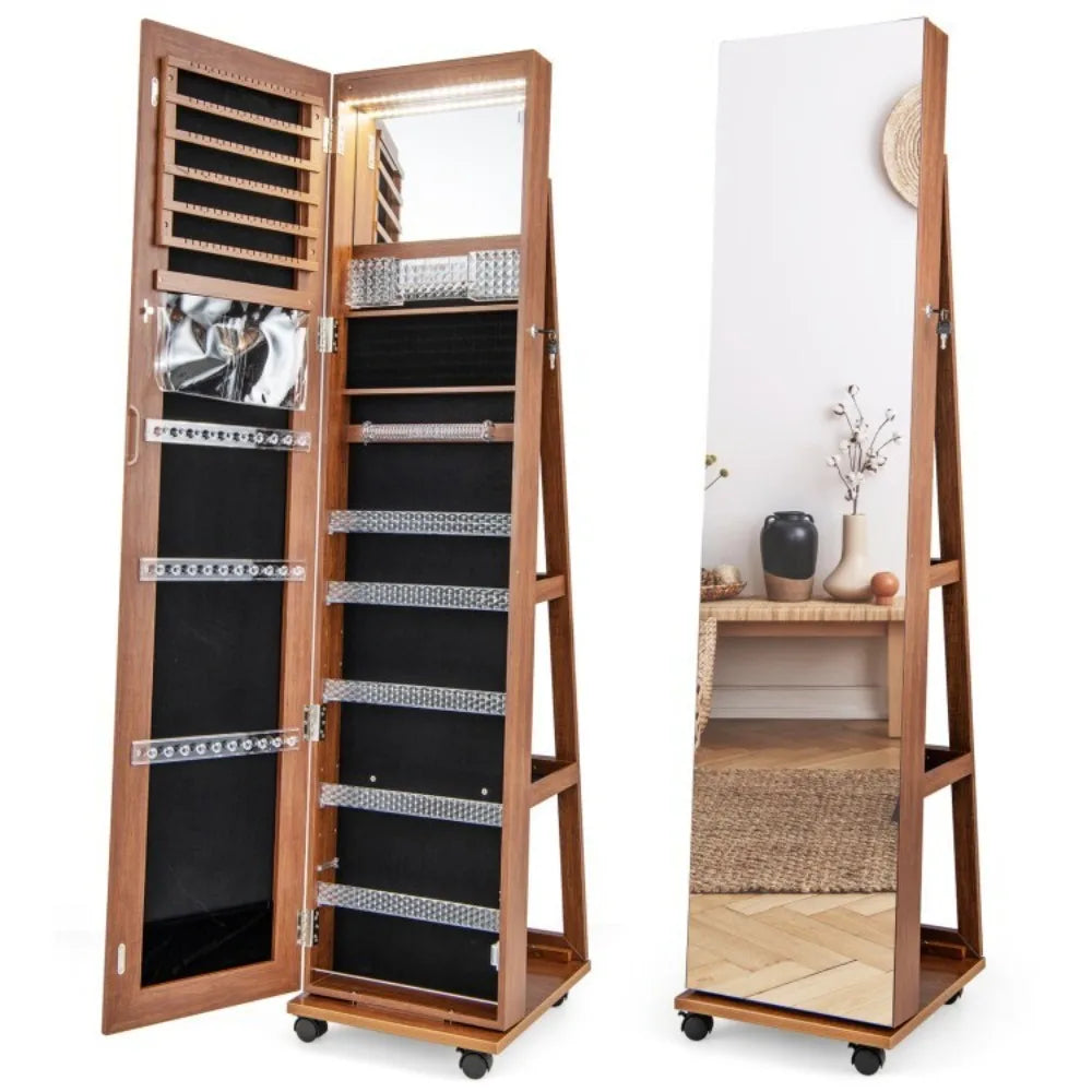 64"Jewelry Cabinet Lockable Armoire Storage Organizer w/ Built-in Makeup Mirror