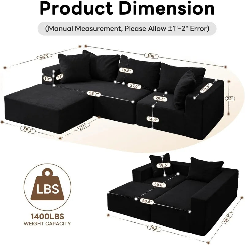Modular Sectional Sofa with Chaise, Modern L Shaped Cloud Couch with Deep Seat, Sectional Couches for Living Room, Bedr