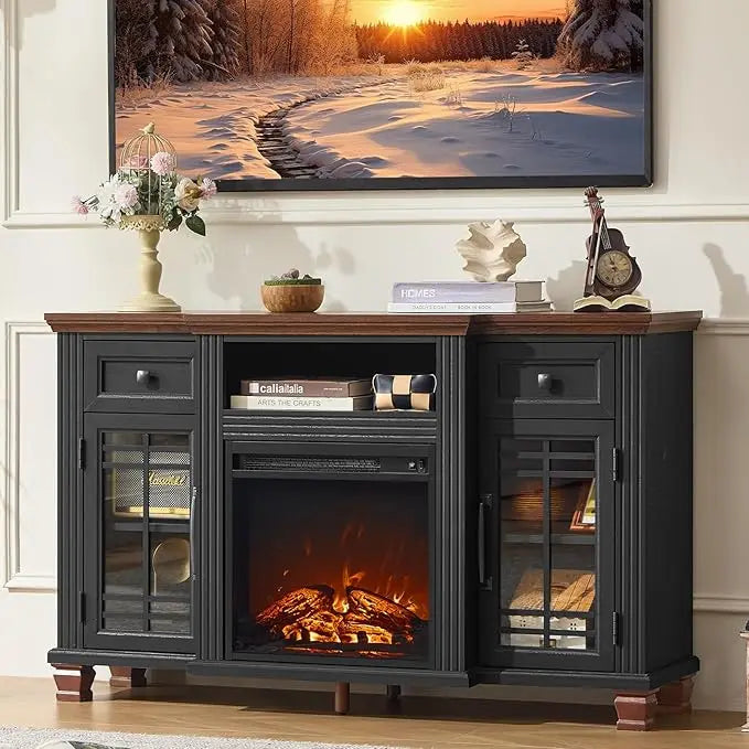 52" Fireplace TV Stand with 18”Silent Electric Fireplace, Farmhouse Entertainment Center for TVs up to 65", 2 Drawers，Customized