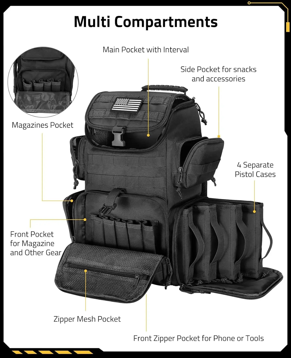 Tactical Range Backpack with Removable Divider, 4 Pistol Cases, Shooting Rucksack (Black, Medium)