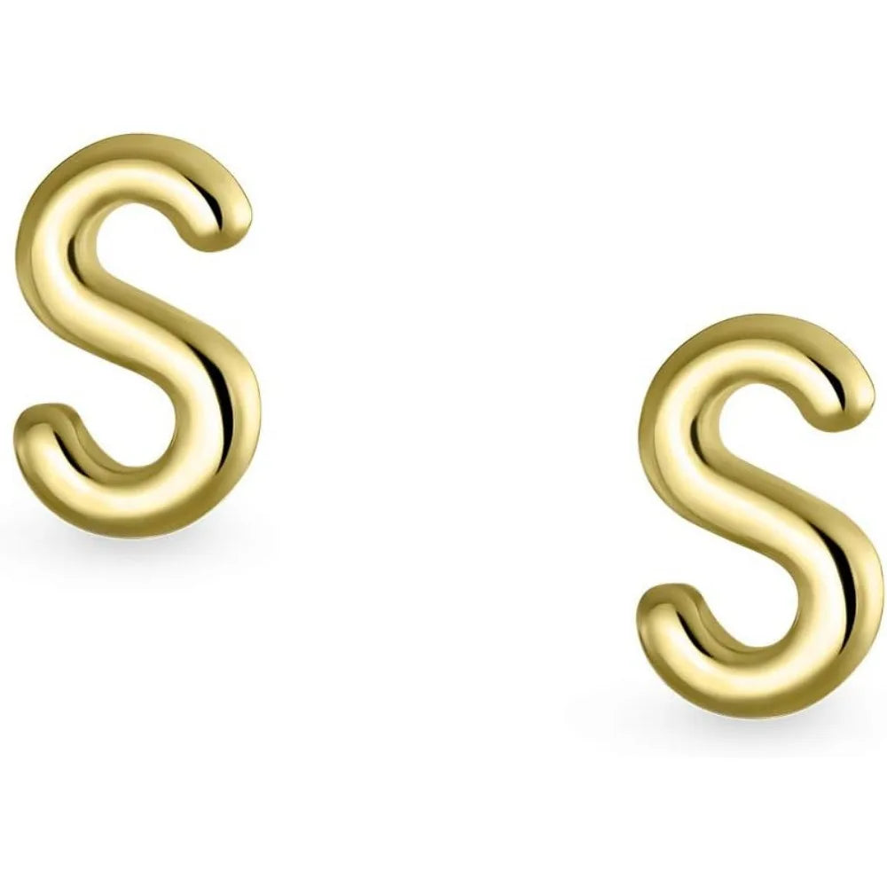 Minimalist Yellow 14K Gold Block Letter Initial Stud Earrings with Safety Ball Screw Back for Teens and Women