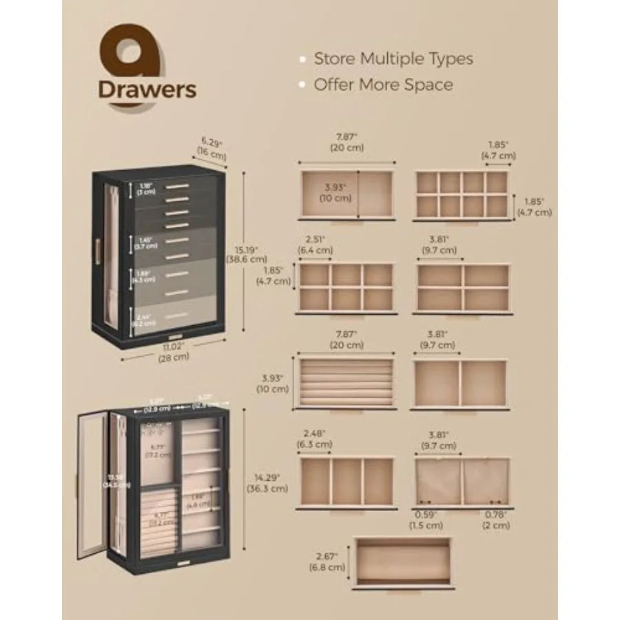 360° Rotating Jewelry Box with 9 Drawers Spacious Vertical Jewelry Organizer with Glass Window Jewelry Storage Case Dustproof a