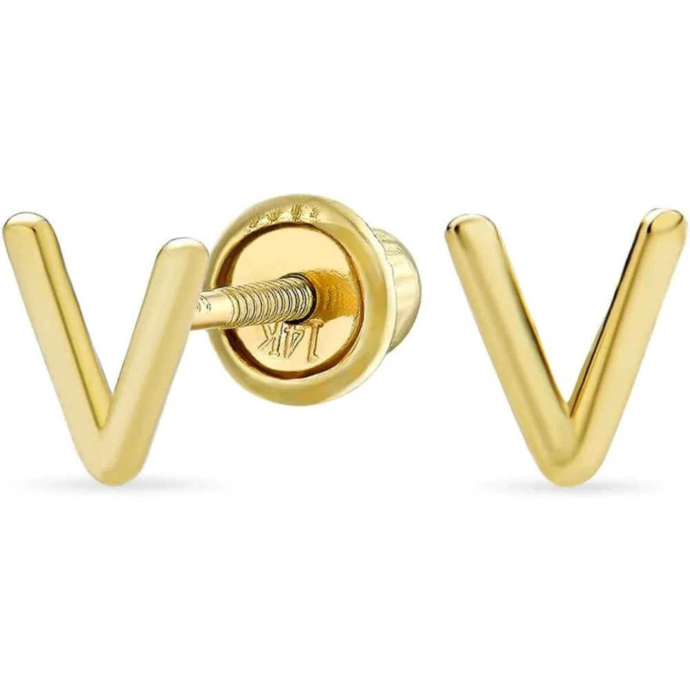 Minimalist Yellow 14K Gold Block Letter Initial Stud Earrings with Safety Ball Screw Back for Teens and Women