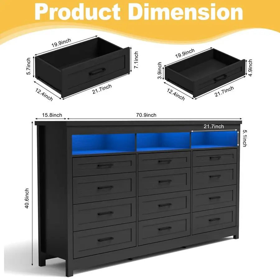 12 Drawer Dresser with LED Lights, 71 Wide Large Chest of Drawers for Bedroom, Modern Wood Dresser Storage Organizer with Charg