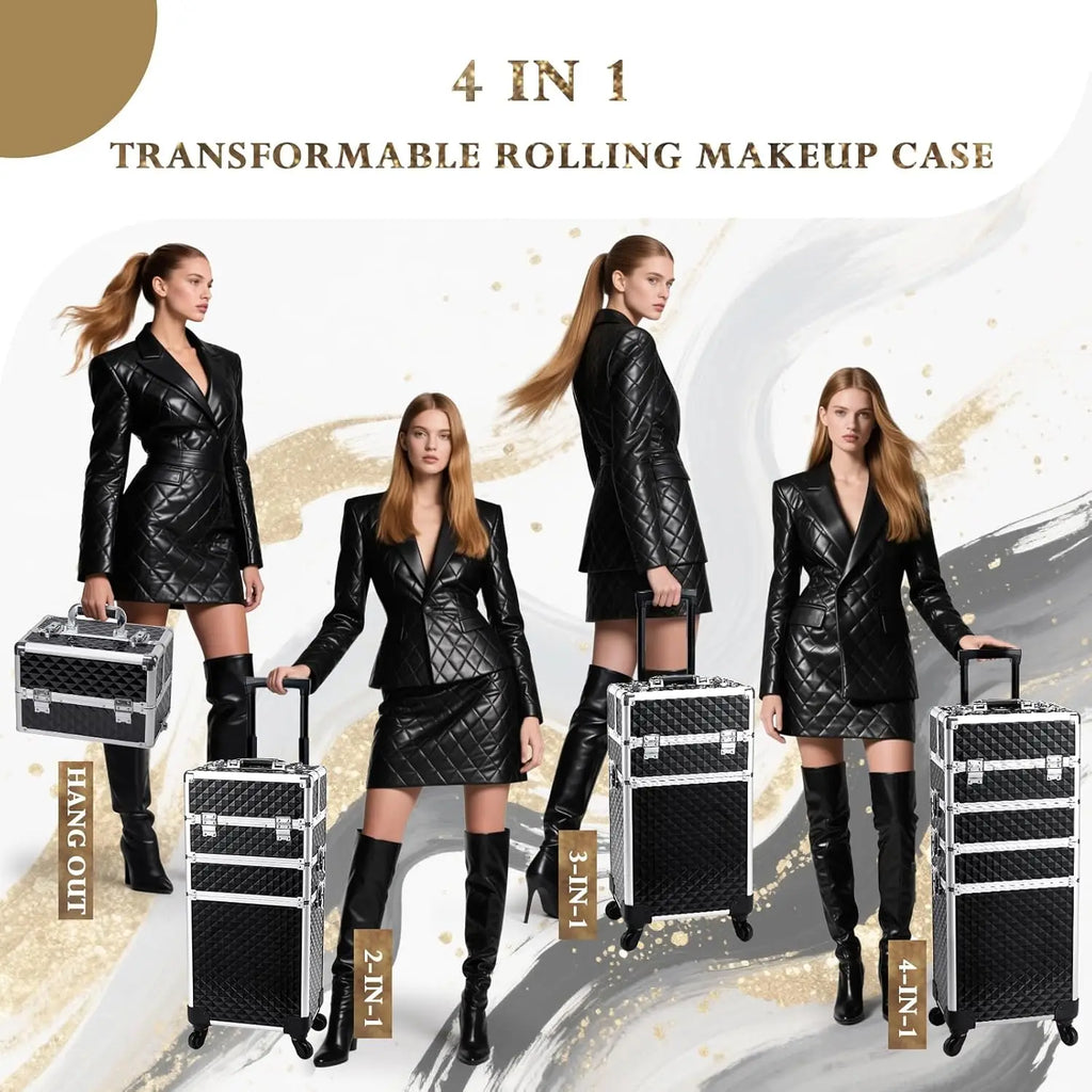 Large Rolling Makeup Case with Swivel Wheels, 4-in-1 Cosmetic Organizer for Travel and Salon Storage