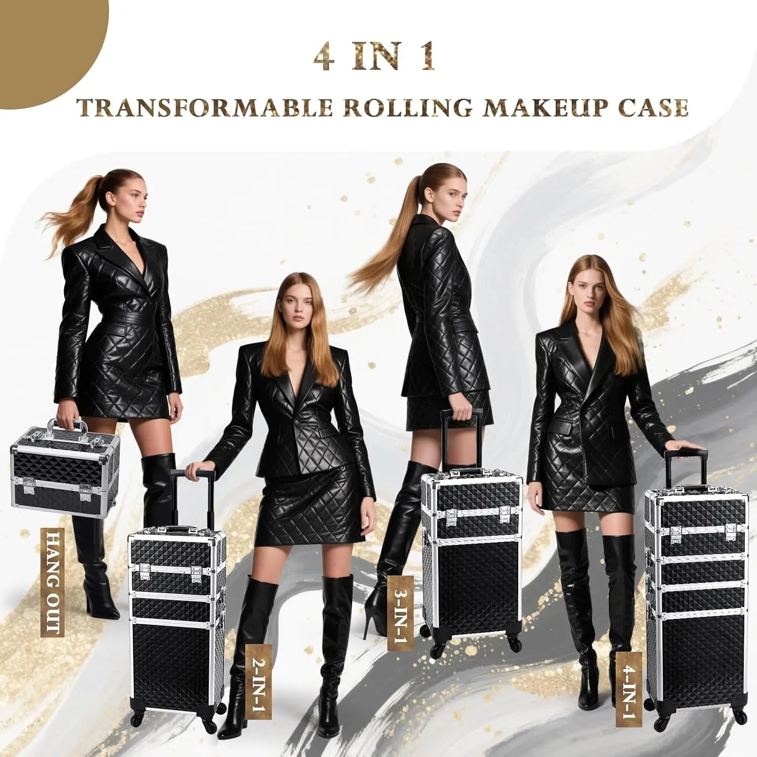 Large Rolling Makeup Case with Swivel Wheels, 4-in-1 Cosmetic Organizer for Travel and Salon Storage