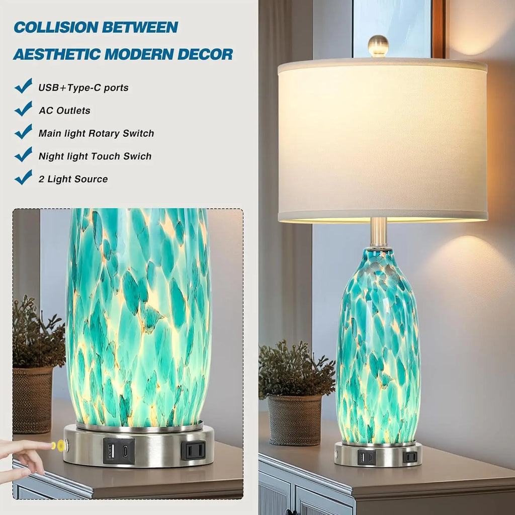 26" Peacock Green Glass Table Lamps Set of 2 with USB Ports, AC Outlet & Night Light for Bedroom Living Room