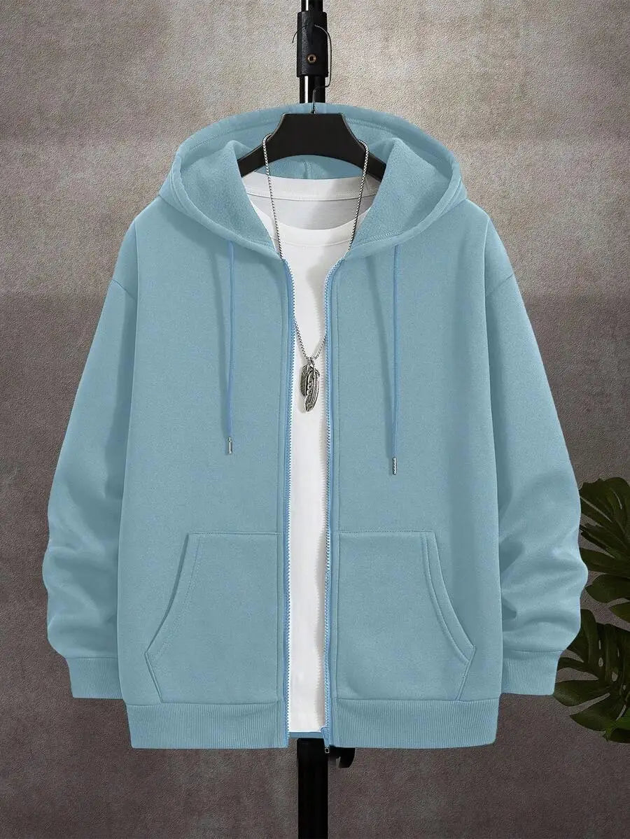 Men's Casual Zip-Up Hoodie with Drawstring, Long Sleeve, Autumn Outdoor Wear
